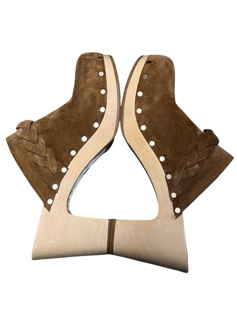 Loeffler Randall Merrill brown suede braided strap gold stud wooden clogs luxury - Picture 7 of 12